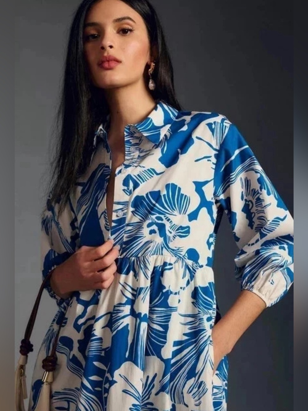 Anthropologie Maeve Women XXS Bettina Tiered Shirt Dress Blue Floral 3/4 Sleeves - Picture 2 of 9